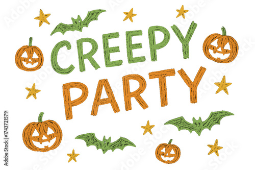 Whimsical Halloween Doodles. Creepy Party ? Doodle / Sketch, playful rough hand-drawn strokes, casual tilted layout, doodle bats, pumpkins, and stars