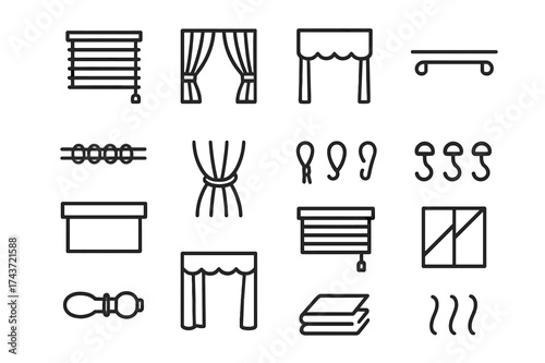 Window Treatment Icons. Window treatments. Line icon set of Window treatments: blinds, drapes, valance, curtain rod, rings, tiebacks, curtain hooks, pelmet,