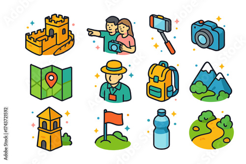Historic Landmark Icons. Historic landmark. Colorful isometric vector icons set of historic landmark: Great Wall, tourists taking photo, selfie stick, camera,