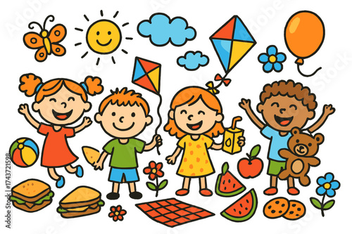 Joyful Children's Doodle. Happy Kids. Colorful Hand-drawn doodle Children illustration Ball, kite, teddy bear, sandwich, juice box, apple, watermelon, cookies,