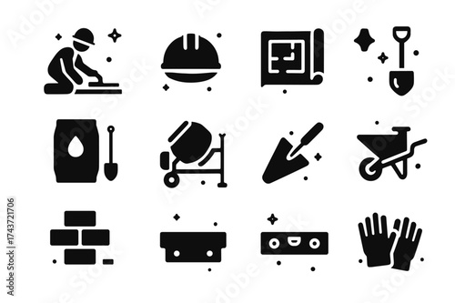 Foundation Construction Icons. Builders laying foundation. Solid icons set of Builders laying foundation: construction worker, helmet, blueprint, shovel,