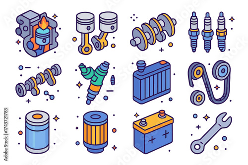 Automotive Education Icons. Automotive education. Colorful isometric vector icons set of automotive education: cutaway engine, pistons, crankshaft, spark