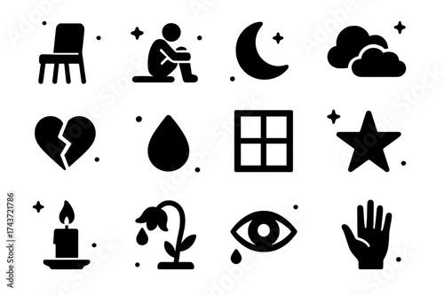 Loneliness Icon Set. Loneliness. Solid icons set of Loneliness: empty chair, person sitting alone, moon, cloudy sky, broken heart, teardrop, window, star,