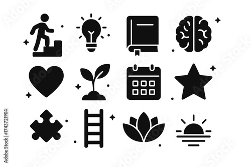 Personal Growth Icons. Personal growth. Solid icons set of Personal growth: person climbing stairs, light bulb, book, brain, heart, plant sprout, calendar,