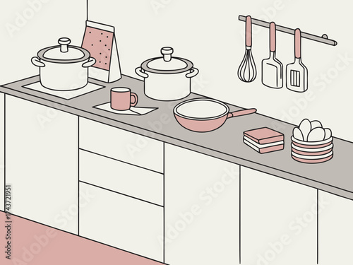 Kitchen Serenity: A minimalist kitchen scene featuring cooking pots, a pan, utensils, and fresh eggs on a countertop. The image conveys a sense of calm and the joy of culinary preparation.