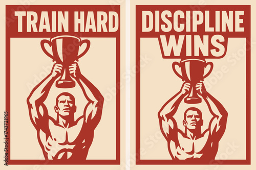 Athlete's Triumph Banners. Strength. Two vertical A6 banners with safe margins, centered composition, no elements touching edges, bold style, red and beige,