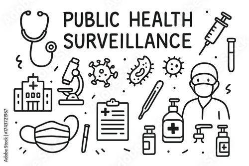 Public Health Tools. Public Health Surveillance. Hand-drawn doodle illustration public health surveillance stethoscope, microscope, syringe, test tube,