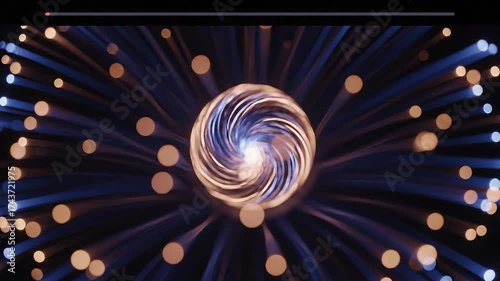 Abstract swirling light energy vortex with glowing particles emanating outwards, symbolizing cosmic power and cosmic phenomena in a futuristic digital art representation