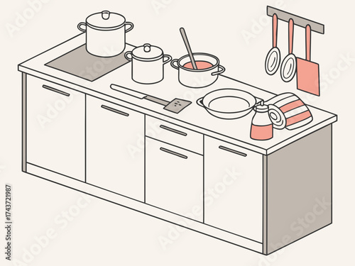 Kitchen Setup: A neatly organized kitchen counter showcases a variety of cooking essentials. Pots, pans, and utensils. A minimalist and functional design that captures the essence of culinary space.