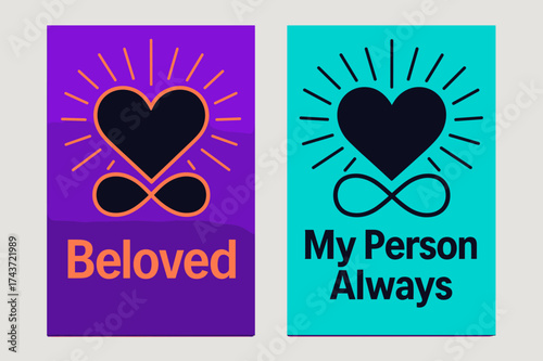 Beloved Neon Banners. Beloved. Two vertical A6 banners, modern, neon purple and cyan backgrounds, stylized heart with radiant lines and an infinity loop, first