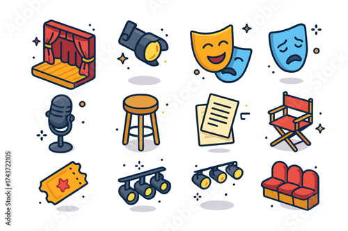 Colorful Theater Icons. Theater Stage. Colorful isometric vector icons set of Theater Stage: red curtain, spotlight, stage floor, comedy mask, tragedy mask,
