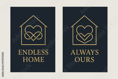 Endless Home Elegance. Eternity. Two vertical A6 banners with safe margins, centered composition, no elements touching edges, modern minimal, navy and gold,