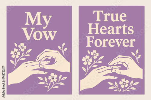Sacred Vows Banners. Sacred Vows. Two vertical A6 banners, bold, lavender and cream backgrounds, hands exchanging rings with delicate flowers, first banner