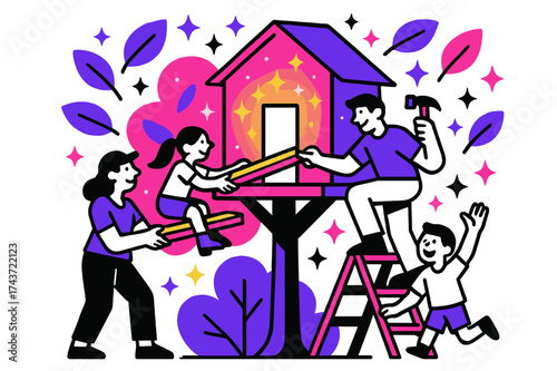 Glowing Treehouse Magic. Backyard project. Parents and kids building a glowing treehouse, abstract floating leaves, sparkles, and stars showing joy and