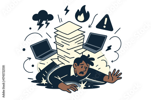 Work Overload Chaos. Overload. Employee buried under glowing pile of documents and laptops, sparks fading around them. Floating icons of stress, fire, and