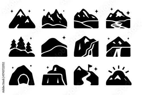 Black Mountain Icons. Mountain Landscapes. Solid icons set of Mountain Landscapes: snowy peak, rocky ridge, valley, glacier, pine forest, hill,