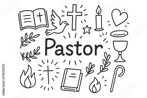 Pastor Doodle Illustration. Pastor. Hand-drawn doodle illustration of Pastor. bible, cross, candle, dove,