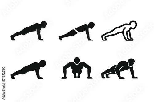 Push-Up Logo Variations. Push-Up Variations. Set Logo of Push-Up Variations: staggered push-up pose. harmonious logo variations of the same emblematic concept,