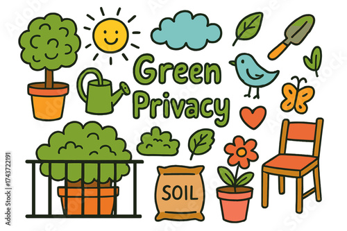 Garden Balcony Doodles. Green Privacy. Colorful Hand-drawn doodle Children illustration potted tree, shrub, balcony railing, sun, cloud, watering can, trowel,