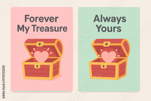 Glowing Heart Banners. Romance. Two vertical A6 banners with safe margins, centered composition, no elements touching edges, flat vector design, pastel pink