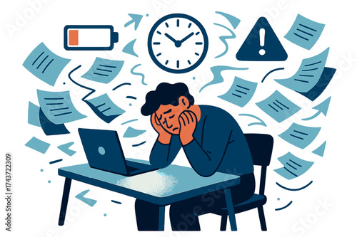 Professional Burnout Scene. Burnout. Professional sitting at glowing desk with head resting on hands, papers and screens floating chaotically. Floating icons