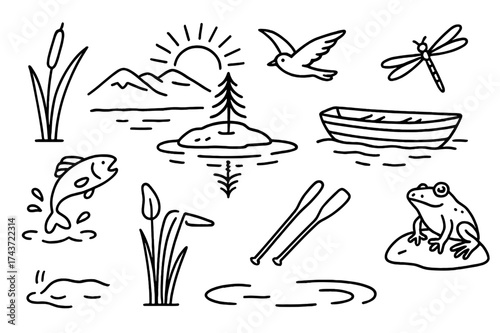Lakeside Doodle Adventure. Lakes. Hand-drawn doodle illustration lakes water reflection, small island, rowboat, oars, fish leaping, frog on rock, cattails,