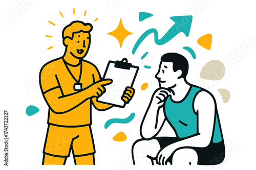Dynamic Fitness Planning. Guided Training. A glowing personal trainer pointing at a clipboard while client listens, abstract floating spark and arrow shapes