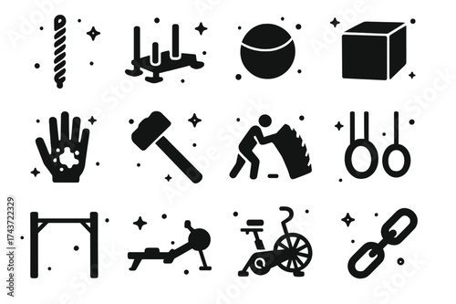 CrossFit Icons Grid. CrossFit. Solid icons set of CrossFit: climbing rope, weighted sled, wall ball, plyo box, chalk hand, sledgehammer, tire flip, rings,