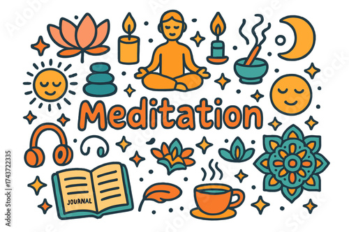 Meditation Doodle Icons. Meditation. Hand-drawn doodle illustration of Meditation. Lotus flower, candle,