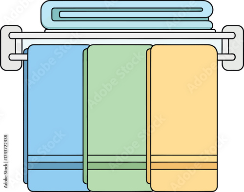 Clean Towels on Rack: Blue, Green, Yellow