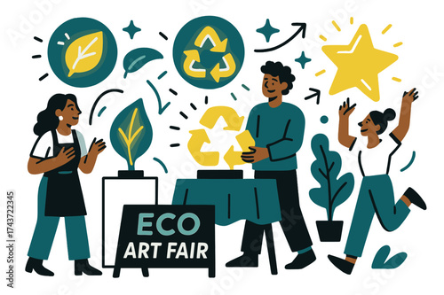 Glowing Recycled Art Display. Eco art fair. Artists displaying glowing recycled sculptures in outdoor exhibition. Floating star, leaf, and recycling icons