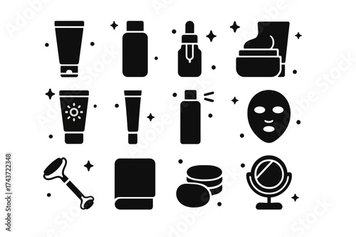 Glowing Skin Icons. Glowing skin routine. Solid icons set of Glowing skin routine: cleanser, toner, serum, moisturizer, sunscreen, eye cream, spray mist, mask,