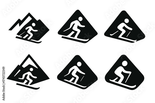 Ski Emblem Variations. Skiing. Set Logo of Skiing: mountain peak. harmonious logo variations of the same emblematic concept, each with different artistic