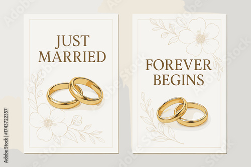 Wedding Banners Elegance. Wedding Bliss. Two vertical A6 banners with safe margins, centered composition, no elements touching edges, modern minimal style,