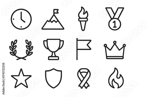 Dedication Icon Set. Dedication. Line outline icon set of Dedication: clock, mountain peak, torch, medal,