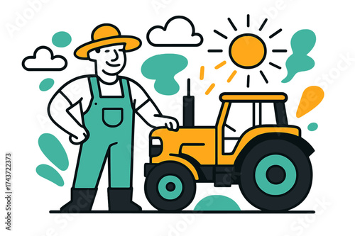 Farmer's Daydream Scene. Farmer with tractor. A smiling farmer standing beside a glowing tractor, abstract clouds and sun rays floating above showing progress