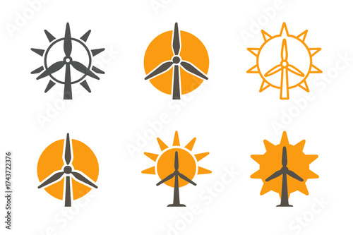 Solar-Wind Energy Logos. Renewable energy technologies and sustainability. Set Logo of solar and wind combo: sun and turbine together in emblem. harmonious