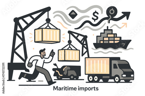 Dynamic Dockside Unloading. Maritime imports. Dockside cranes unloading glowing shipping containers, trucks