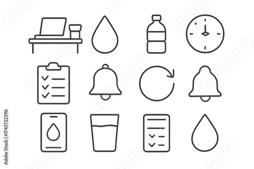 Workplace Hydration Icons. Hydration at work. Line icon set of hydration at work: desk, laptop, coffee mug replaced with water glass, droplet, bottle, clock,