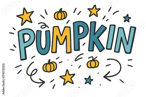 Playful Pumpkin Doodles. Pumpkin Doodle ? Doodle / Sketch: hand-drawn playful letters with sketchy outline; stars, arrows, and mini pumpkin doodles scattered