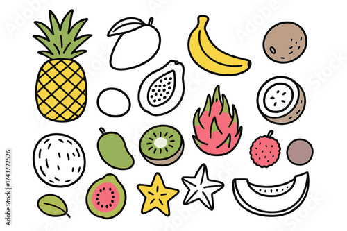 Colorful Exotic Fruits. Exotic Fruits. Hand-drawn doodle illustration pineapple (colored), mango, banana (colored), papaya, dragon fruit (colored), coconut,