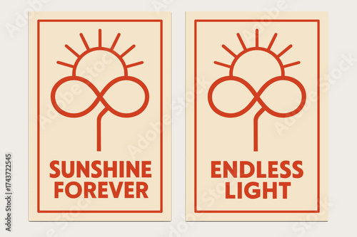 Eternal Sunshine Design. Eternity. Two vertical A6 banners with safe margins, centered composition, no elements touching edges, bauhaus, red and beige,