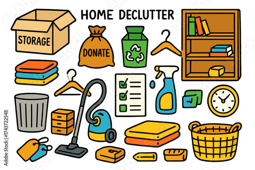 Home Decluttering Icons. Home decluttering. Colorful Hand-drawn doodle Children illustration Home decluttering storage box, donation bag, recycling bin, folded