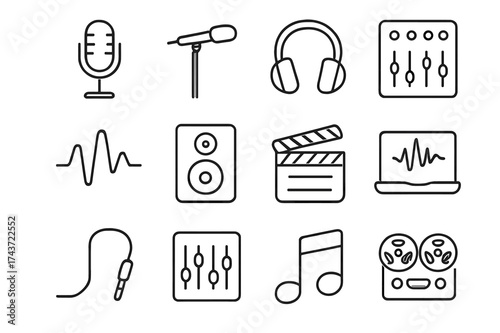 Audio Design Icons. Sound design. Line outline icon set of sound design: microphone, boom mic, headset, audio