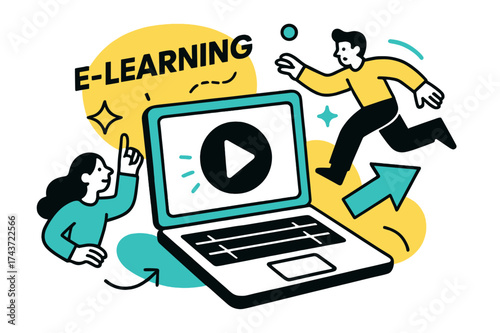 Interactive E-Learning Glow. E-Learning. A glowing laptop screen with play button, abstract floating spark and arrow shapes symbolizing interactive lessons.