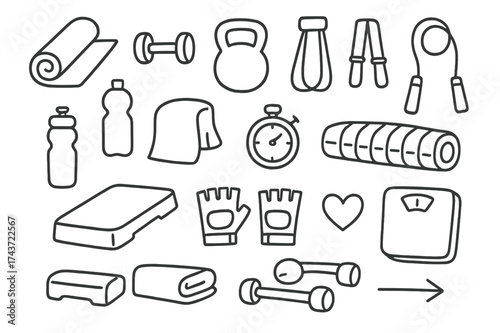 Minimalist Fitness Icons. Minimalist fitness. Hand-drawn doodle illustration minimalist fitness yoga mat, dumbbell, kettlebell, resistance bands, jump rope,