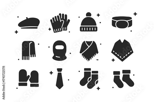 Wool Accessories Icons. Wool Accessories. Solid icons set of Wool Accessories: beret, knitted gloves, knit beanie, headband, wool scarf, balaclava, wool shawl,