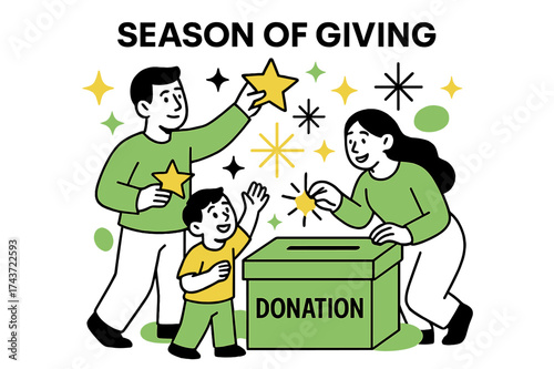 Festive Family Charity. Season of Giving. A glowing family decorating a donation box with abstract floating stars and spark shapes symbolizing festive charity.