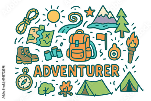 Doodle Adventurer Icons. Adventurer. Hand-drawn doodle illustration of Adventurer. backpack, hiking boots,
