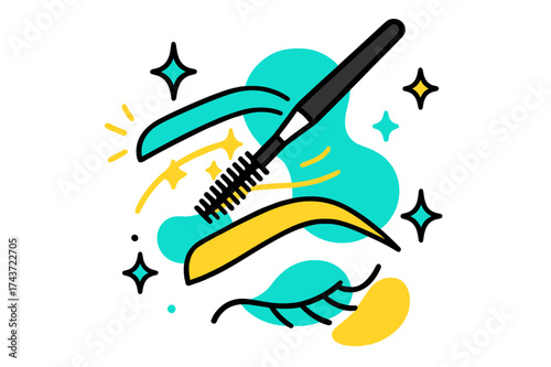 Floating Brow Brush. Brow brushing. A spoolie brush floating mid-air with glowing strokes shaping abstract brows, sparkles around showing smooth styling.